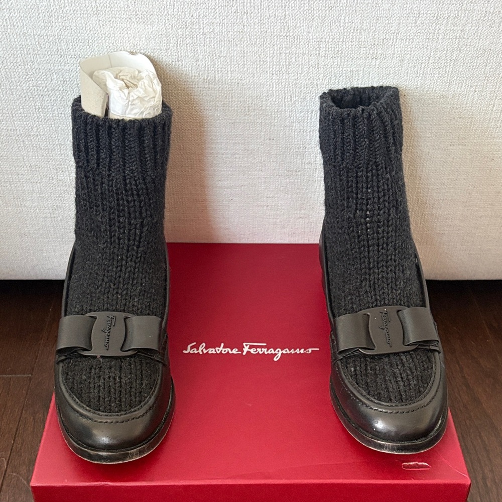 Salvatore Ferragamo Black Knit Sock Loafers with Bow